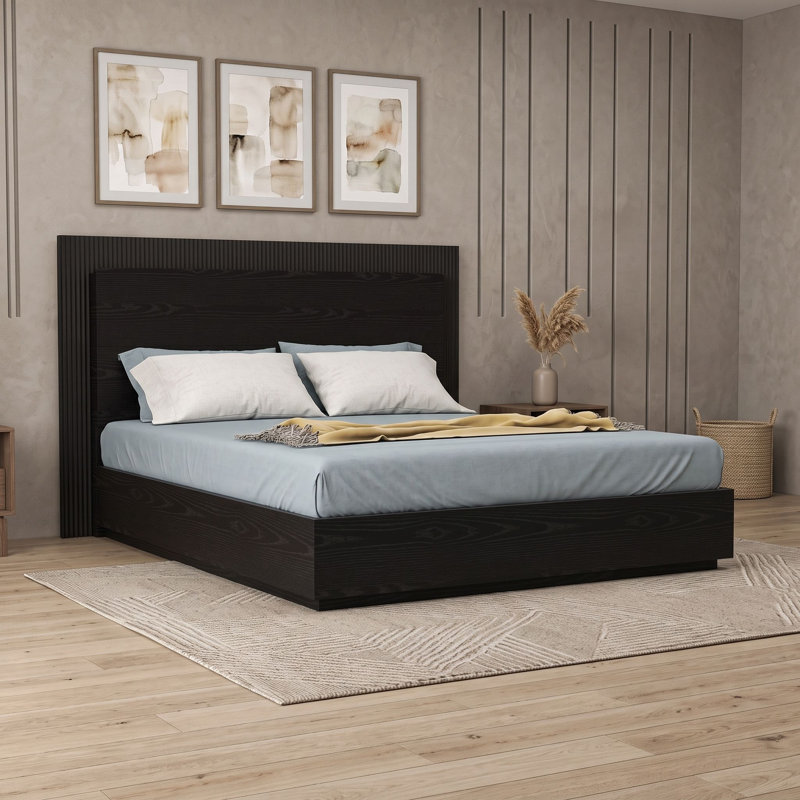 Lit plateforme en bois avec tête de lit à DEL, Noir, Grand lit