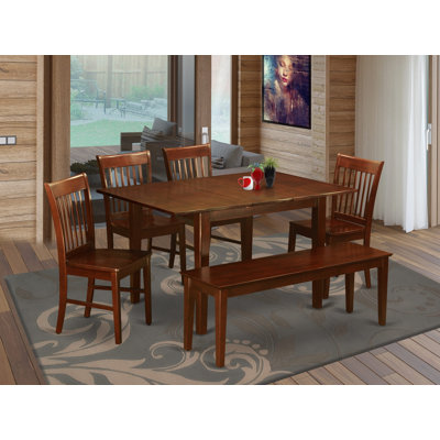 6 Piece Kitchen Table & Chairs Set Contains a Rectangle Dining Room Table with Butterfly Leaf and 4 Dining Chairs with a Bench, 36x54 Inch, Mahogany