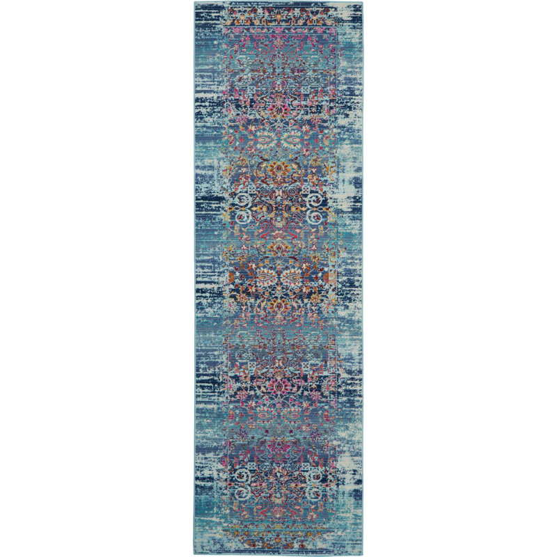 Tapis bleu traditionnel Karey, Tapis de couloir 2 pi x 6 pi