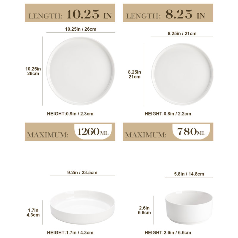 24 Piece Porcelain China Dinnerware Set - Service for 6, White