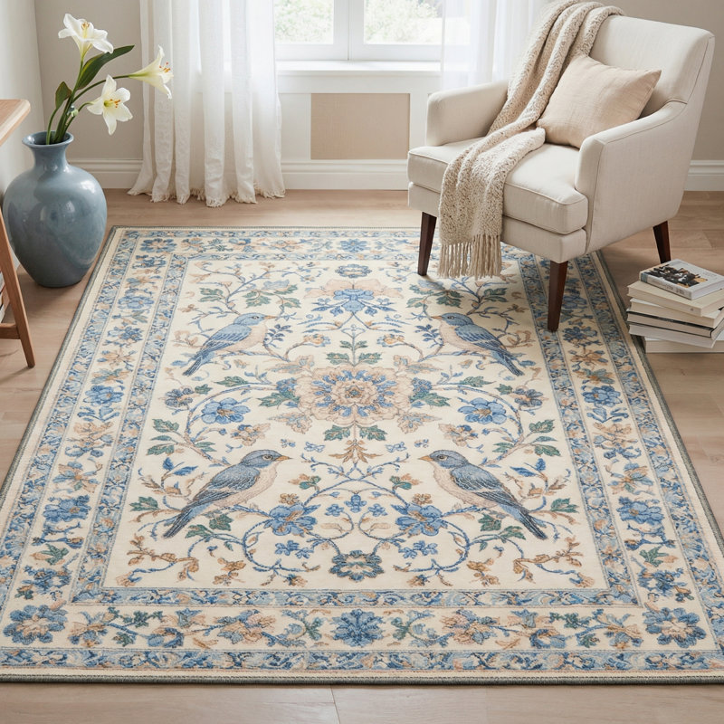 Aura Floral Machine Washable Beige / Blue Indoor Area Rug with Non-Slip Backing, Rectangle 6' x 9'
