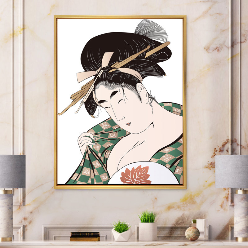 Femme japonaise Ukiyo-E - Peinture sur toile, Cadre flottant doré, H 32 po x l 24 po x P 1 po