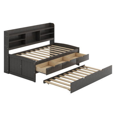 Solid Wood Twin Size Platform Bed With A Trundle Bed, 3 Drawers And Built-In Bookshelves