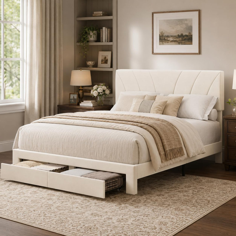 Structure de lit double tapissier pleine grandeur en velours avec tête de lit et 2 tiroirs de rangement sous le lit, conception à lattes en bois, aucune base supplémentaire requise, assemblage facile, beige