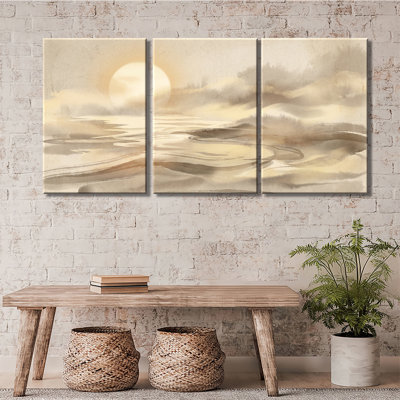 Neutral Watercolor Sunrise Lake Mountain Landscape - Premium Gallery Wrapped Canvas - Ready To Hang (Set of 3)