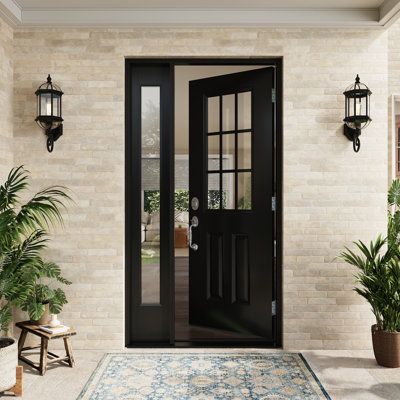 Entry Front Exterior Steel Door 32" x 80" Painted Black 9-Lite Clear Glass Prehung Door Fixed Single Sidelite Black 1 Lite Clear Glass Door With Jamb, Right-Hand Inswing (Not Included Hardware Kit)