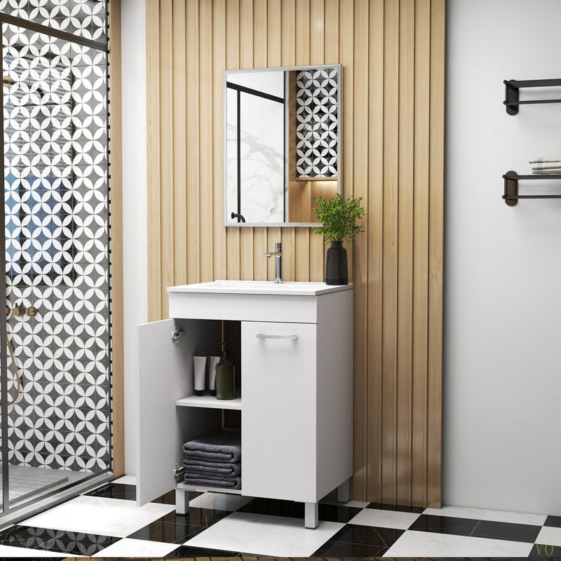 Ensemble de meuble-lavabo avec lavabo et miroir, portes doubles avec charnières à fermeture en douceur, armoire de salle de bain avec tablette ajustable, poignée en métal, lavabo en céramique, pieds réglables
