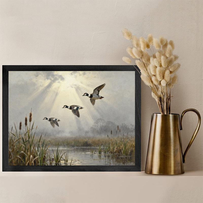 Reproduction d'art encadré noir, oiseaux volants sur la mer, style rétro, H 13 po x l 17 po