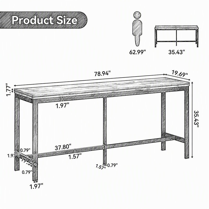 Table de bar 79 po en bois massif, table haute rectangulaire avec repose-pieds en métal pour la cuisine domestique