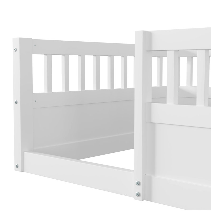 Floor Bed Frame With Fence, Wood Kids Floor Beds Frame For Bedroom Playroom, Twin, White