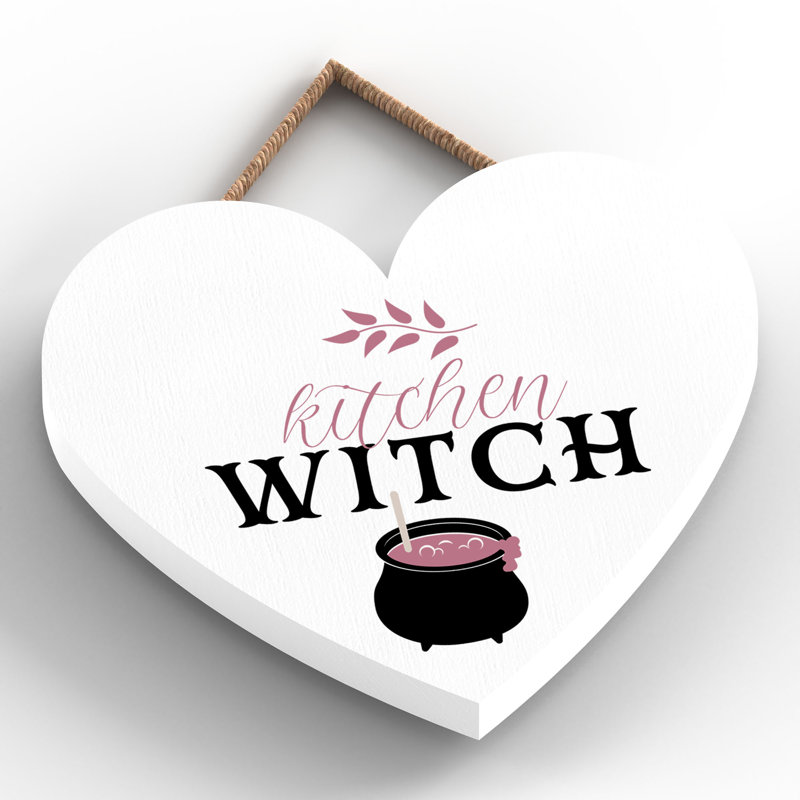 Kitchen Witch Wooden Heart Plaque, 10cm H x 9cm W x 0.5cm D, White