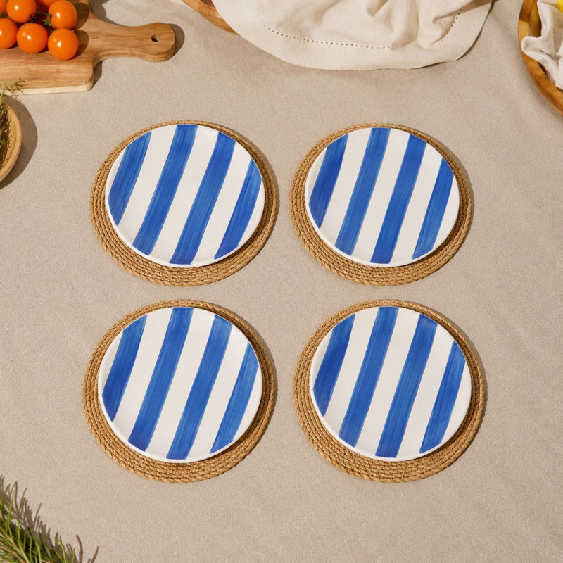 Set of 4  Blue & White Striped Side Plates