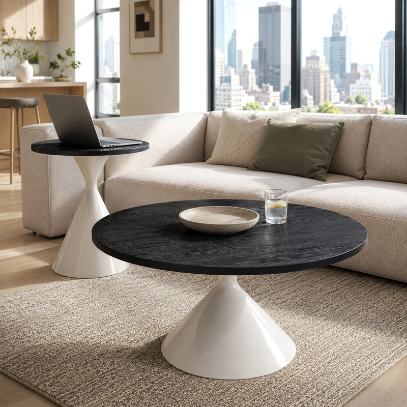 Ensemble de 2 tables basses rondes, plateau de table à motif noir avec base en acier, table basse multifonctionnelle à la mode