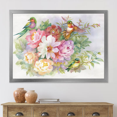 Fleurs vibrantes et oiseaux colorés - peinture sur toile
