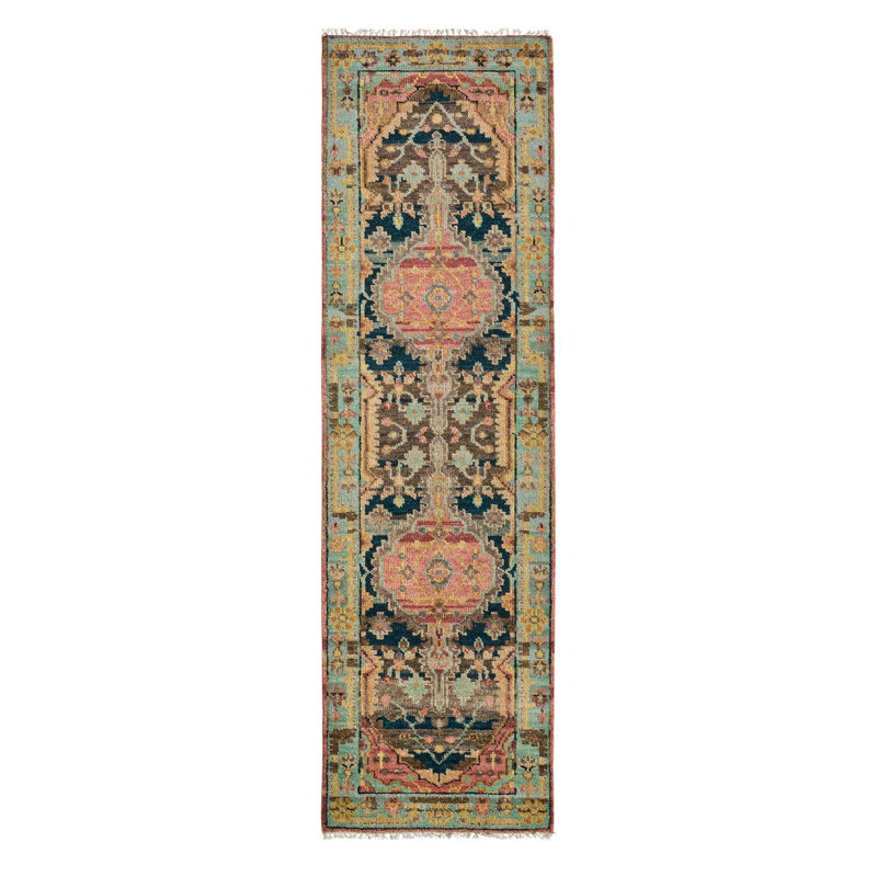 Jaipur Living Afri JIN03 Handknotted Medallion Pink and Teal Runner Rug (3'x10'), Runner 3' x 10'