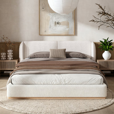 Queen Size Bed Frame With Boucle Upholstered Wingback Headboard, Solid Wood Base, White