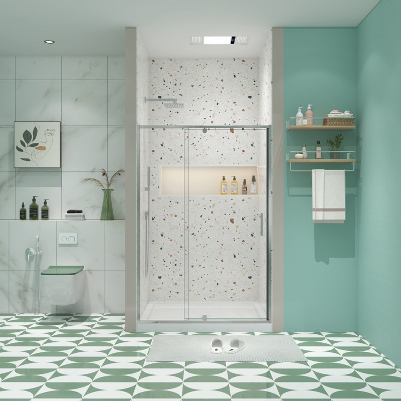 Porte de douche pivotante semi-sans cadre avec verre trempé transparent l 44 à 48 po x H 71 po, Chrome
