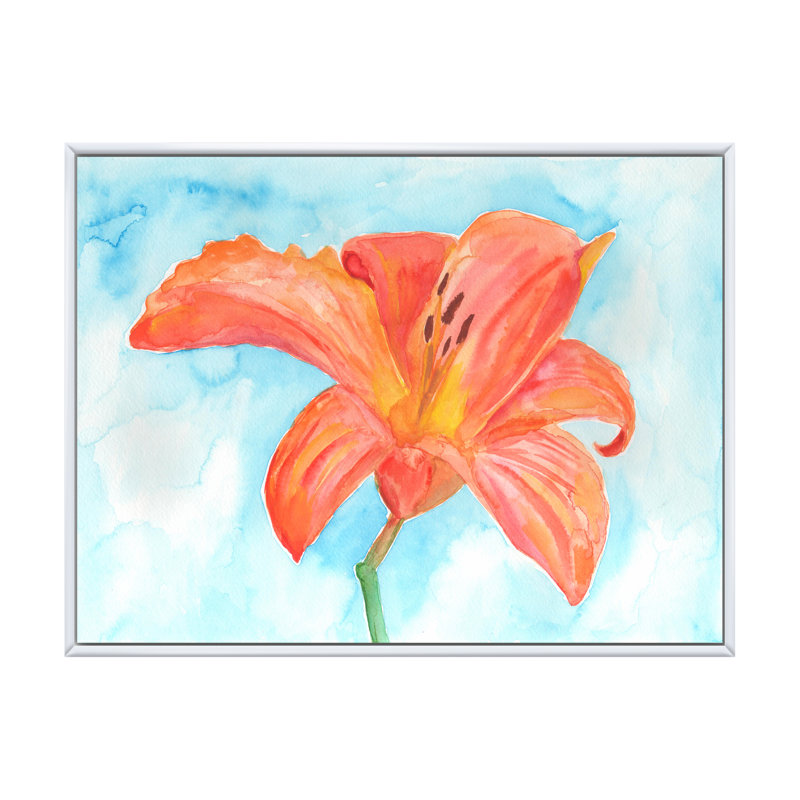 Fleur de lis orange - reproduction sur cadre flottante sur toile, H 16 po x l 32 po x P 1 po, Cadre flottant blanc