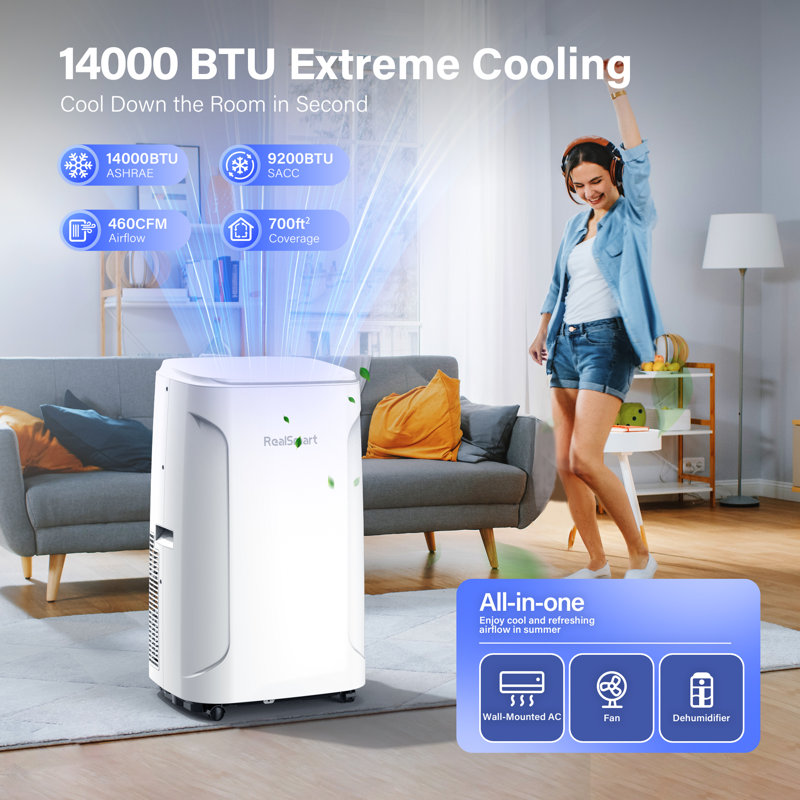 Climatiseurs portatifs silencieux de 14 000 BTU pour rafraîchir une pièce jusqu'à 700 pieds carrés, avec déshumidificateur, ventilateur, télécommande, mode veille, minuterie 24H, climatiseur à deux moteurs