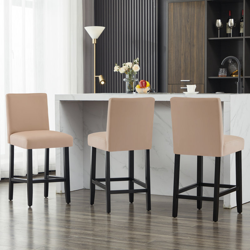 Tabouret de bar rembourré avec structure en bois massif, Brun clair / similicuir, 3