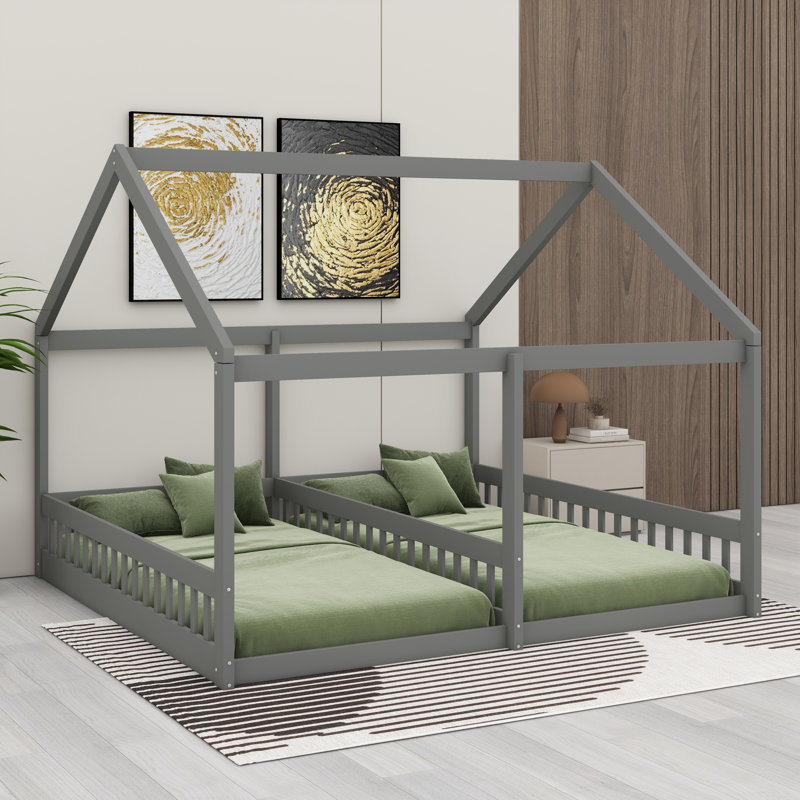 Lit plateforme House, deux lits partagés avec garde-corps, Gris