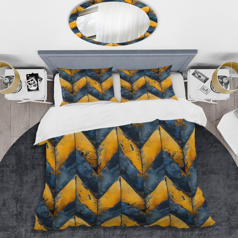 Ensemble de housse de couette moderne bleu et jaune à motif de chevrons glamour V