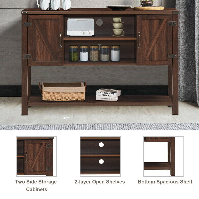 Brown Fir Wood Console Table with Cabinets and Shelves