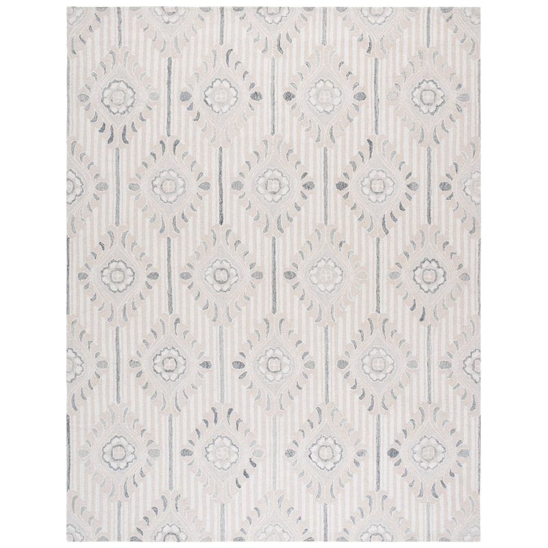 Beige and Ivory Floral Handmade Wool Cotton 8' x 10' Rug