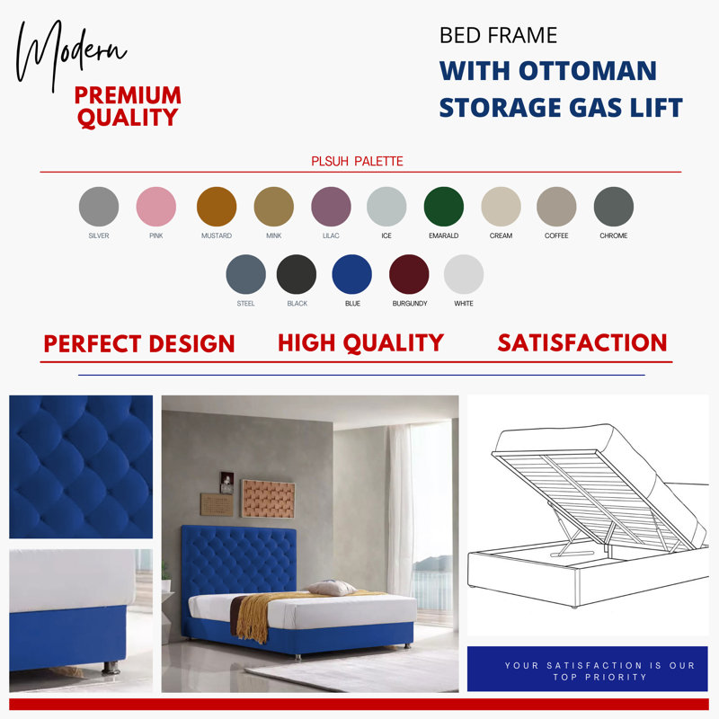 Adriella Upholstered Ottoman Storage Bed, Double (4'6), Blue