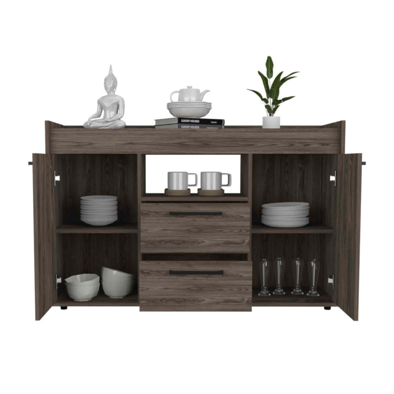 Buffet Lyon avec deux tiroirs et armoires à deux portes, parfait pour le rangement moderne et l'organisation élégante dans tout espace de vie.