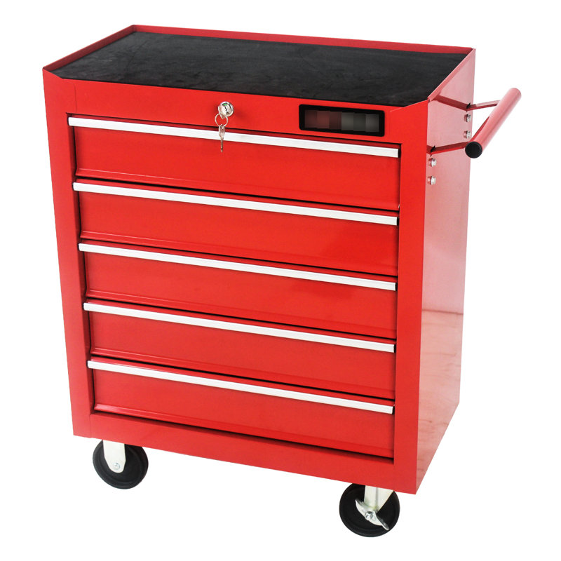 Rangement pour outils à 5 tiroirs avec système de verrouillage et roues mobiles - coffre en acier rouge à 5 tiroirs et transportable