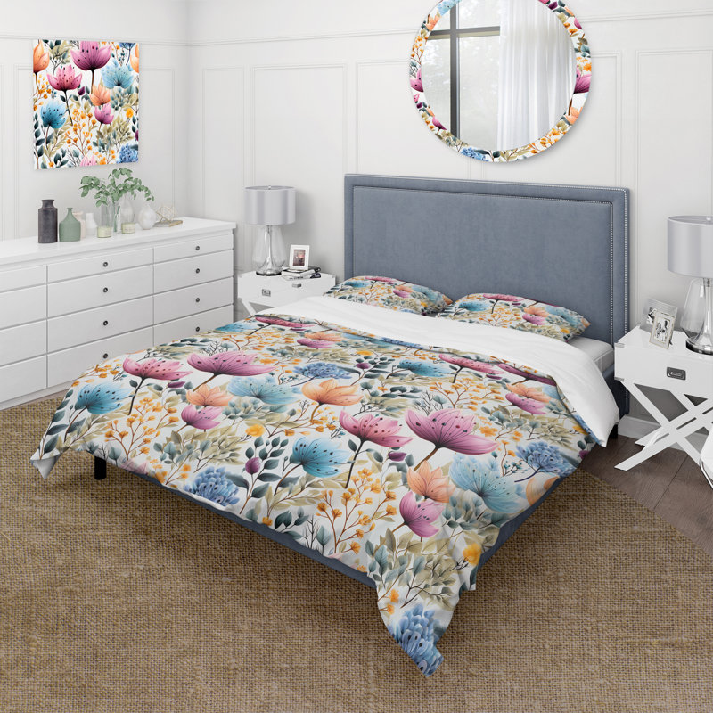 Watercolor Blue Foliage Botanical Pattern I - Ensemble de housse de couette botanique - Polyester en microfibre