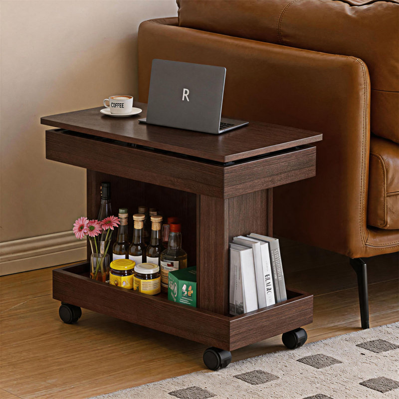 Petite table d'appoint avec roulettes et rangement, Noyer brun