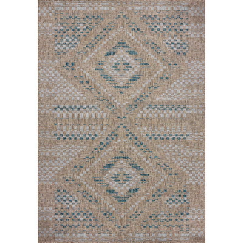Natural and Aqua Geometric Synthetic Indoor/Outdoor Rug 6'7" x 9'4"