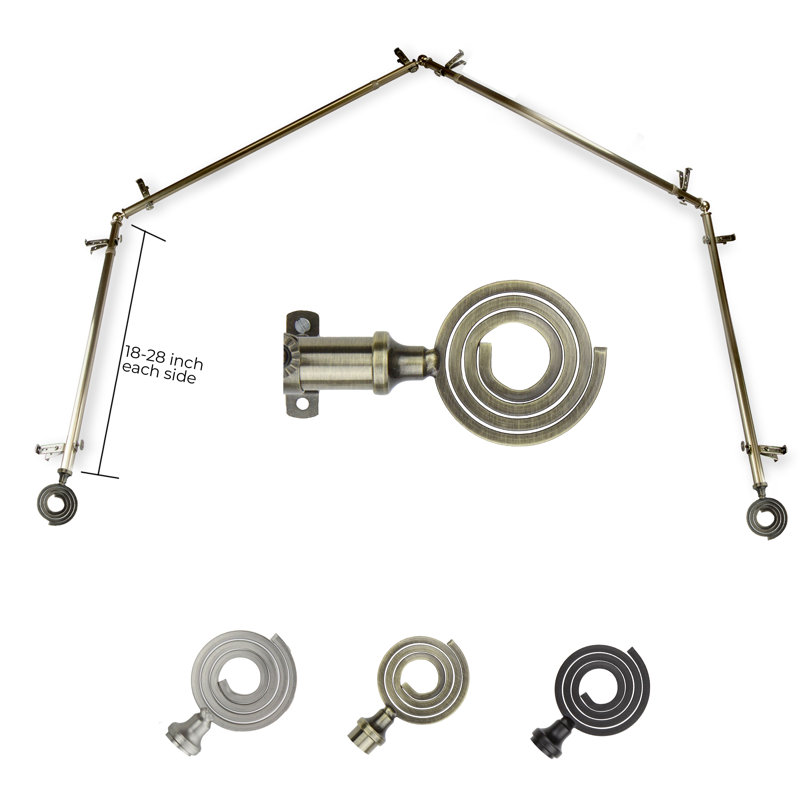 Heines Adjustable 28" to 48" 0.81" Bay Window Single Curtain Rod, Antique Brass, 18"-28" (each side)