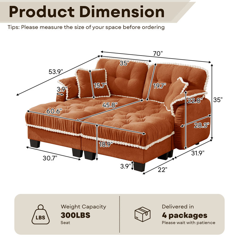 Canapé en chenille avec 4 coussins et garniture pompon avec 2 repose-pieds Chenille, Chenille orange