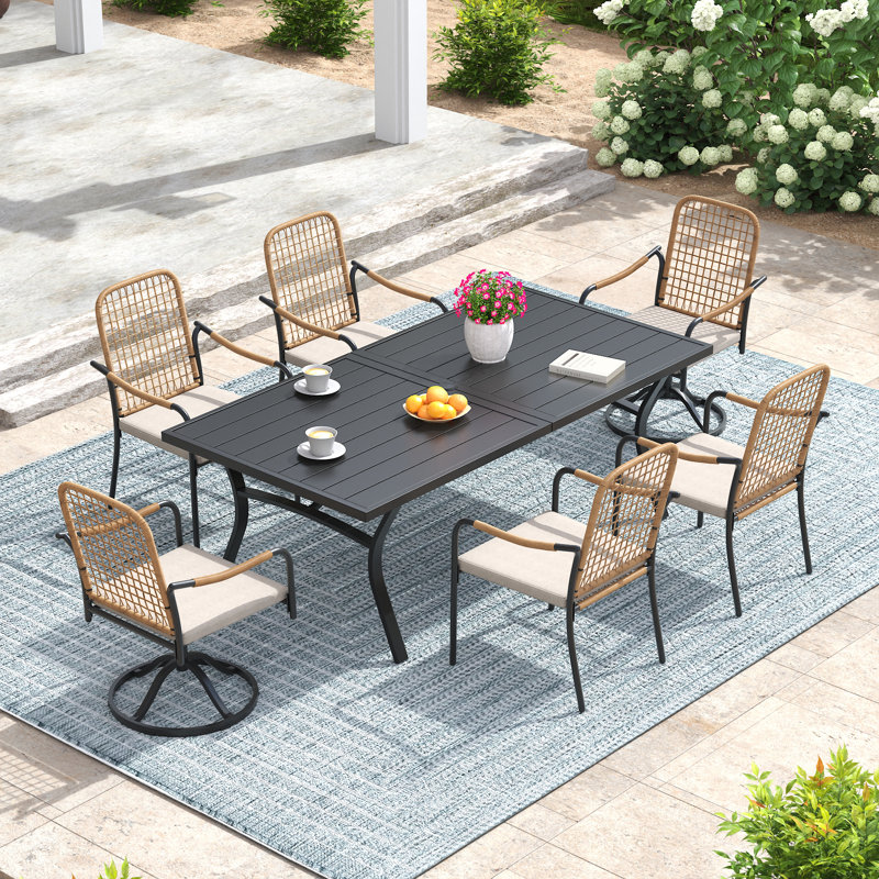6-Person 63" Rectangular Outdoor Dining Set With Cushioned Swivel & Stackable Woven Rattan Chairs, Black