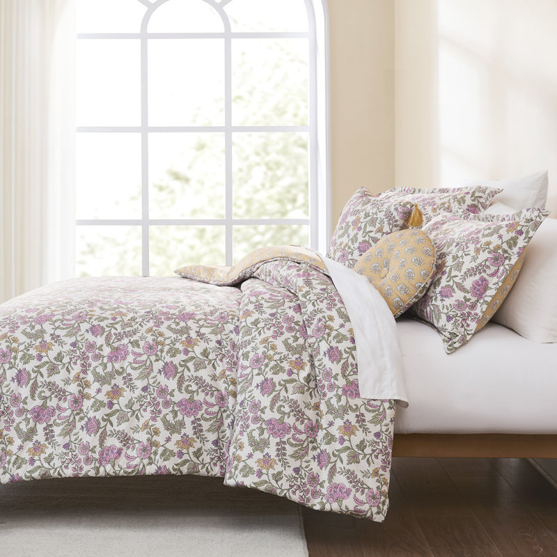 Lillian Block Print Reversible Comforter Blue/Sage 3Pc Set, King Comforter + 2 Shams + 2 Pillows, Purple