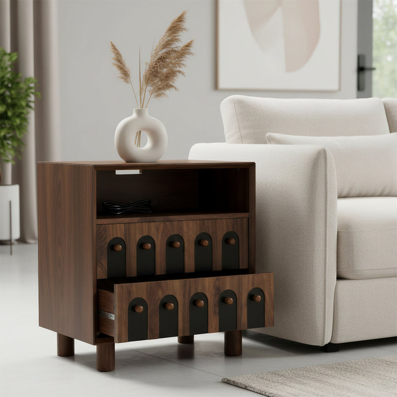 Bedside Table With Two Drawers And Charging Station, Walnut