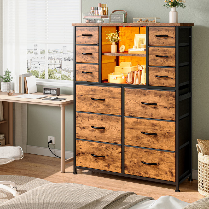 Tall Dresser with Charge Station & LED Light, Dresser with Mesh Door for Bedroom Storage, Brown