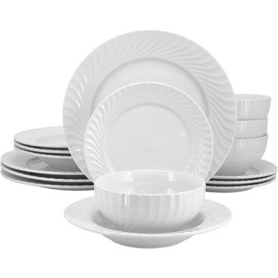 Service de table en porcelaine 16 pièces, ensemble de vaisselle à double cuve festonnée pour 4 personnes, va au micro-ondes et au lave-vaisselle, blanc
