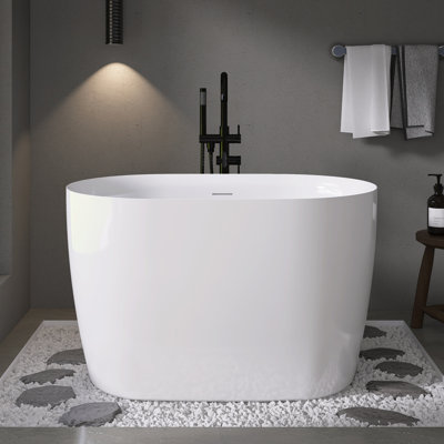 Fslefay 43'' Acrylic Freestanding Soaking Bathtub With Seat,Oval Shape Soaking Bathtub with Overflow