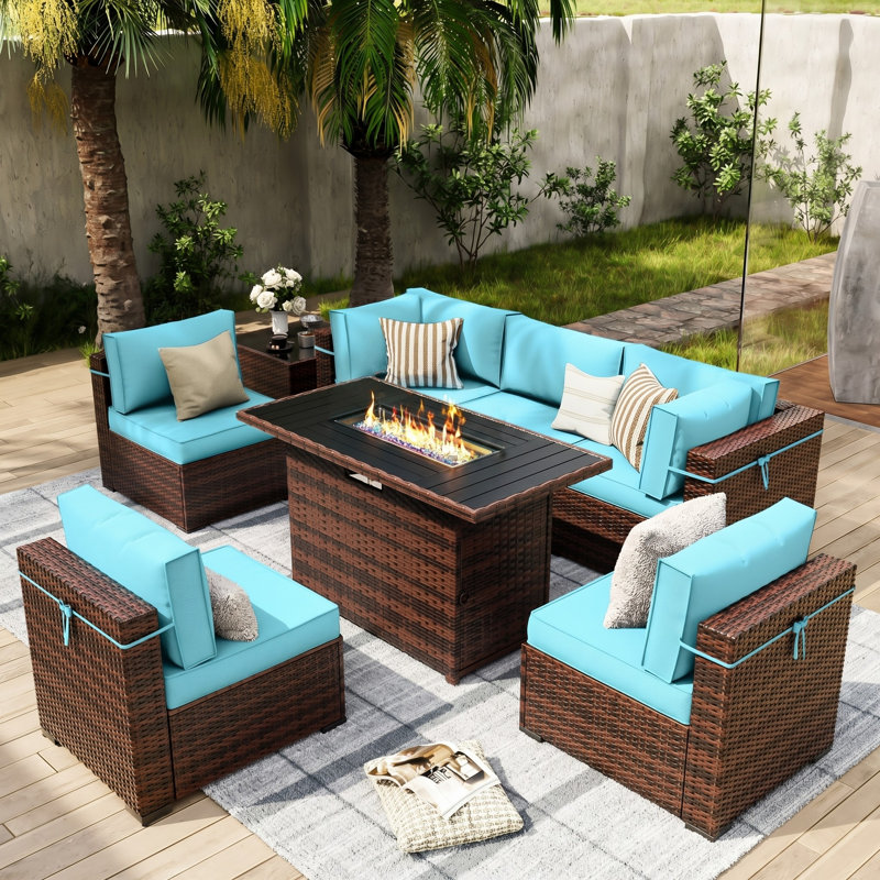 Ensemble de conversation pour patio 8 pièces avec foyer d'extérieur Romanas, Bleu ciel