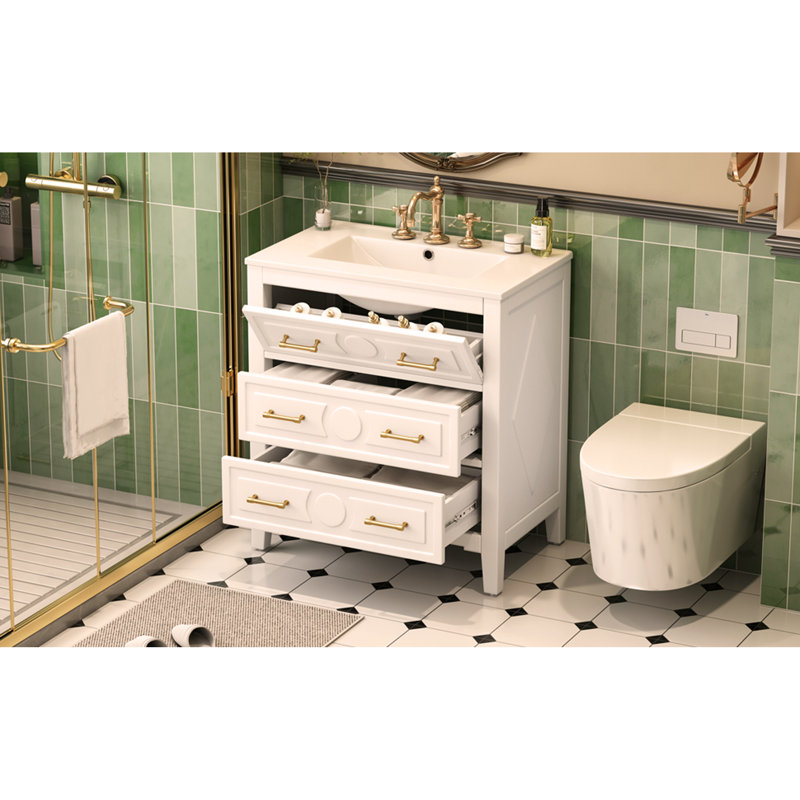 Ensemble de meuble-lavabo simple 30 po avec lavabo en céramique 30 po et 3 tiroirs, Blanc
