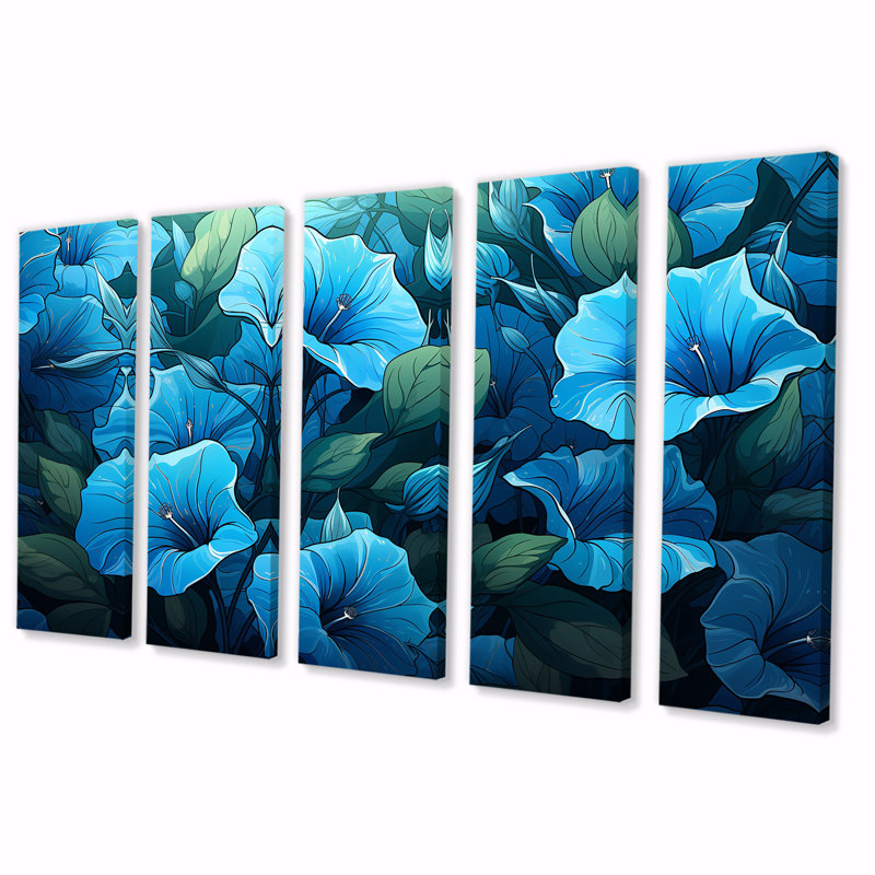 «Blue Morning Glory Blossom Burst - Morning Glory», art mural 5 pièces, H 28 po x l 60 po