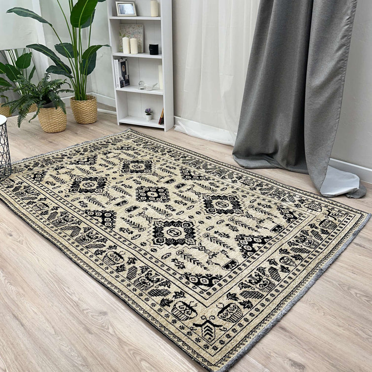 Alfa Rich Folse Afghan Beige & Black Washable Woven Cotton Area Rugs for Living Room Bedroom Kitchen