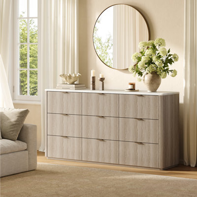 Corentin 63" Wide Dresser 9 Drawers With Storage Modern Faux Travertine Wood Chest For Bedroom Living Room