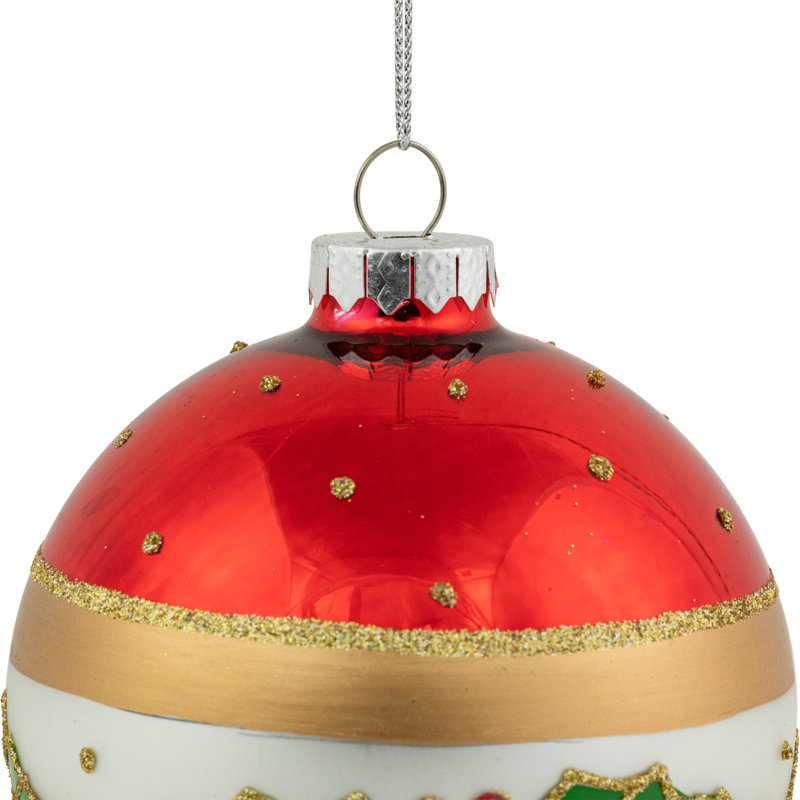Set of 2 Red and White Glass Holly Christmas Ornaments