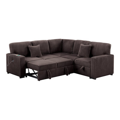 Modern Style Soft Textured 3Pc Convertible Sectional Reversible Storage Pull Out Bed USB Port Chocolate Finish Primary Living Room Pillow Included