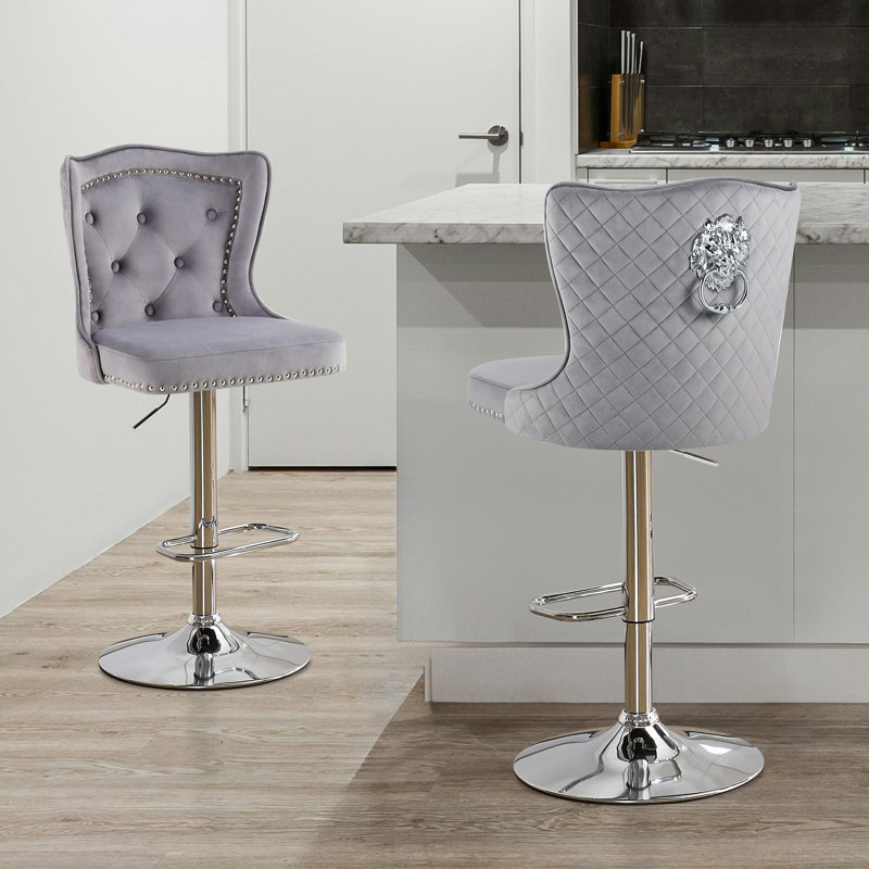 Swivel Velvet Counter Height Bar Stools With Lion Head Pull Ring For Kitchen Island, Grey